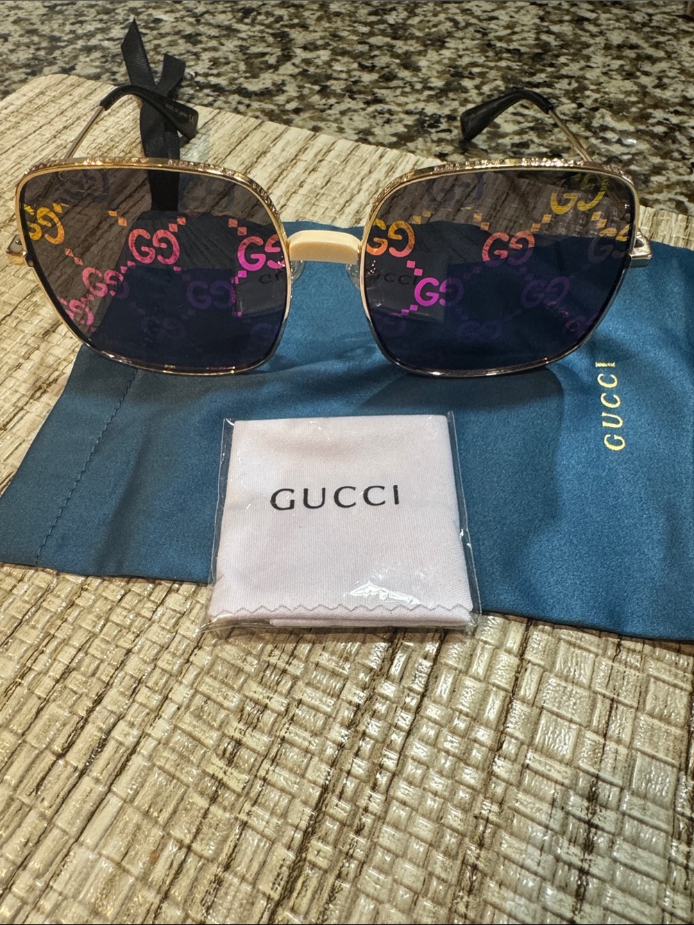 Gucci Gold Frame Sunglasses with Black Gradient Lenses and Multicolor GG Print